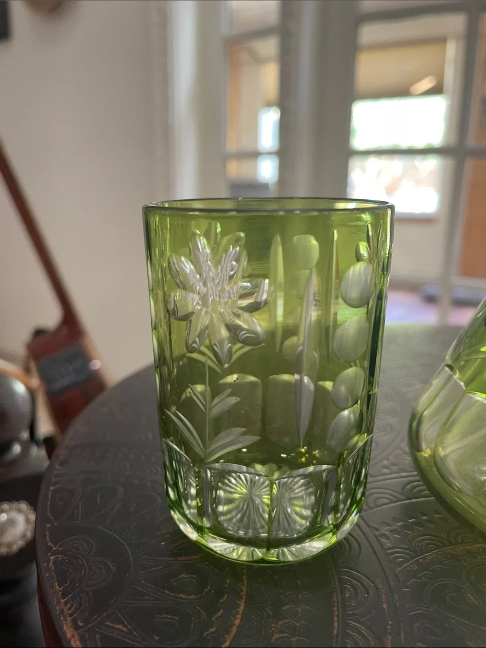 Antique Green Tumble Up Uranium Glass Decanter